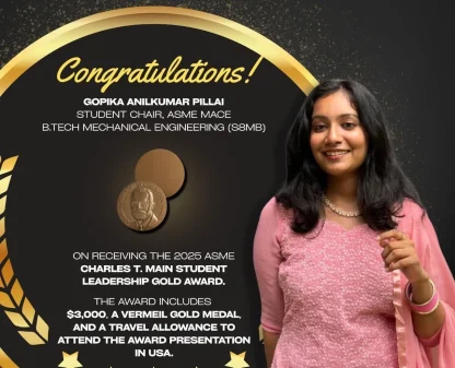 Gopika Anilkumar Pillai has been awarded the prestigious ASME Charles T Main Student Leadership Gold Award 2025